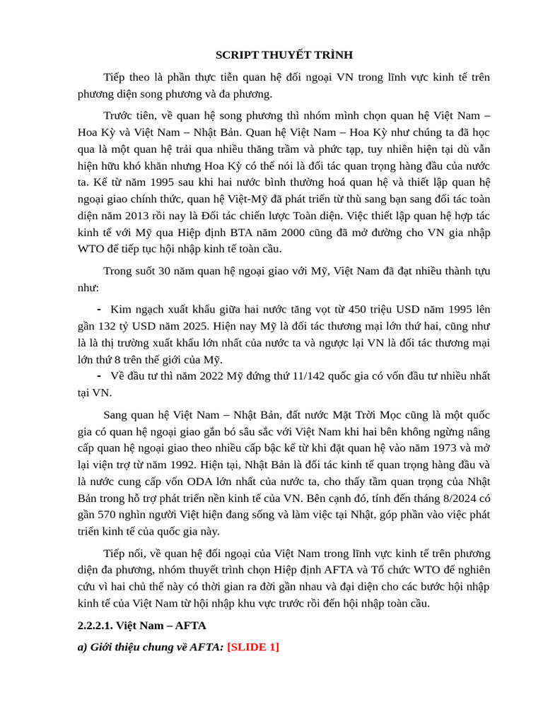 SCRIPT THUYẾT TRÌNH AFTA & WTO | PDF