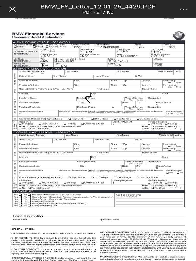 BMW Financial Services Credit Application | PDF | Credit Bureau ...