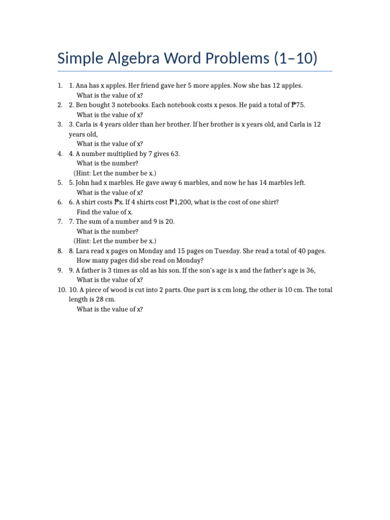 Simple Algebra Word Problems Explained | PDF