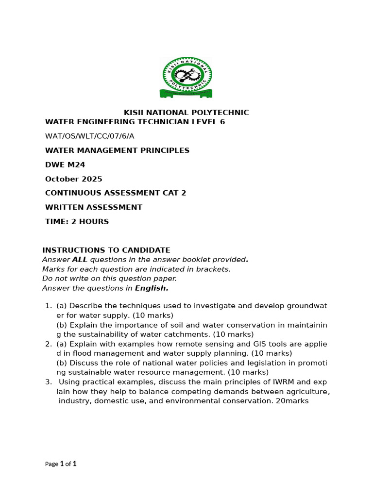 Kisii Polytechnic Water Engineering Exam Guide | PDF