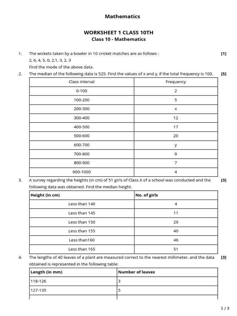 Class 10 Mathematics Data Analysis Worksheet | PDF | Median | Mean