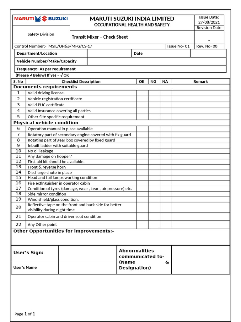 Transit Mixer Safety Checklist | PDF