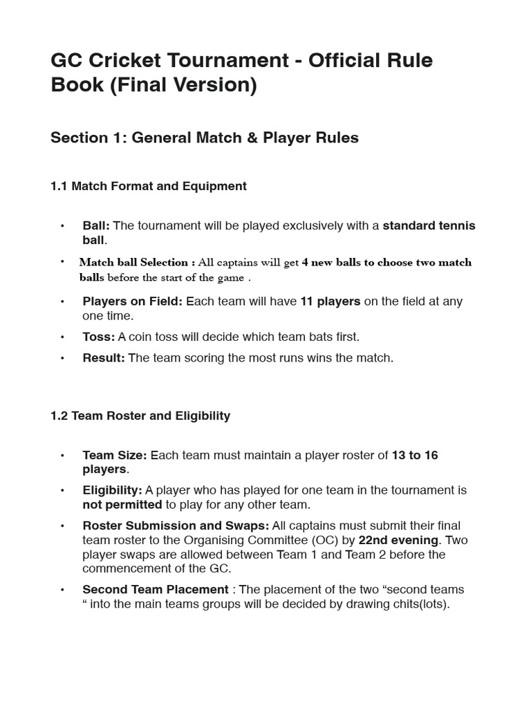 GC Cricket Tournament Rule Book | PDF | Bowling (Cricket) | Summer Sports