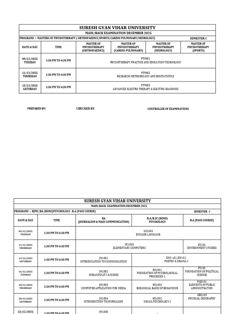 December 2025 Exam Schedule Overview | PDF | Physical Therapy | Physics