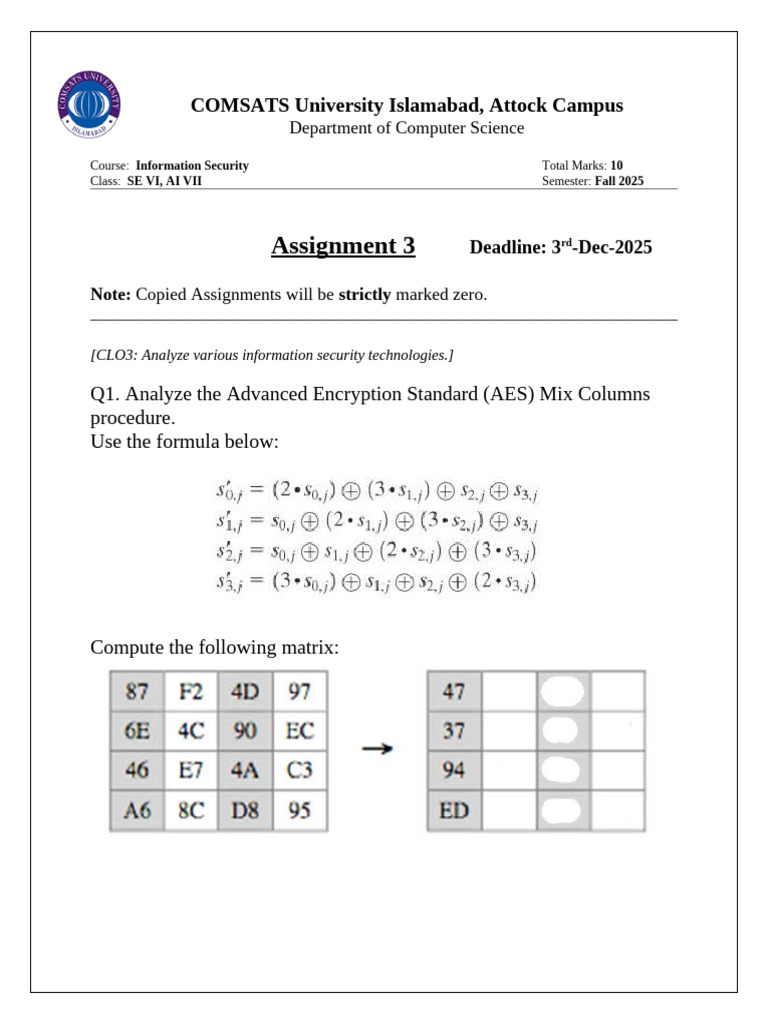 AES Mix Columns Analysis Assignment | PDF