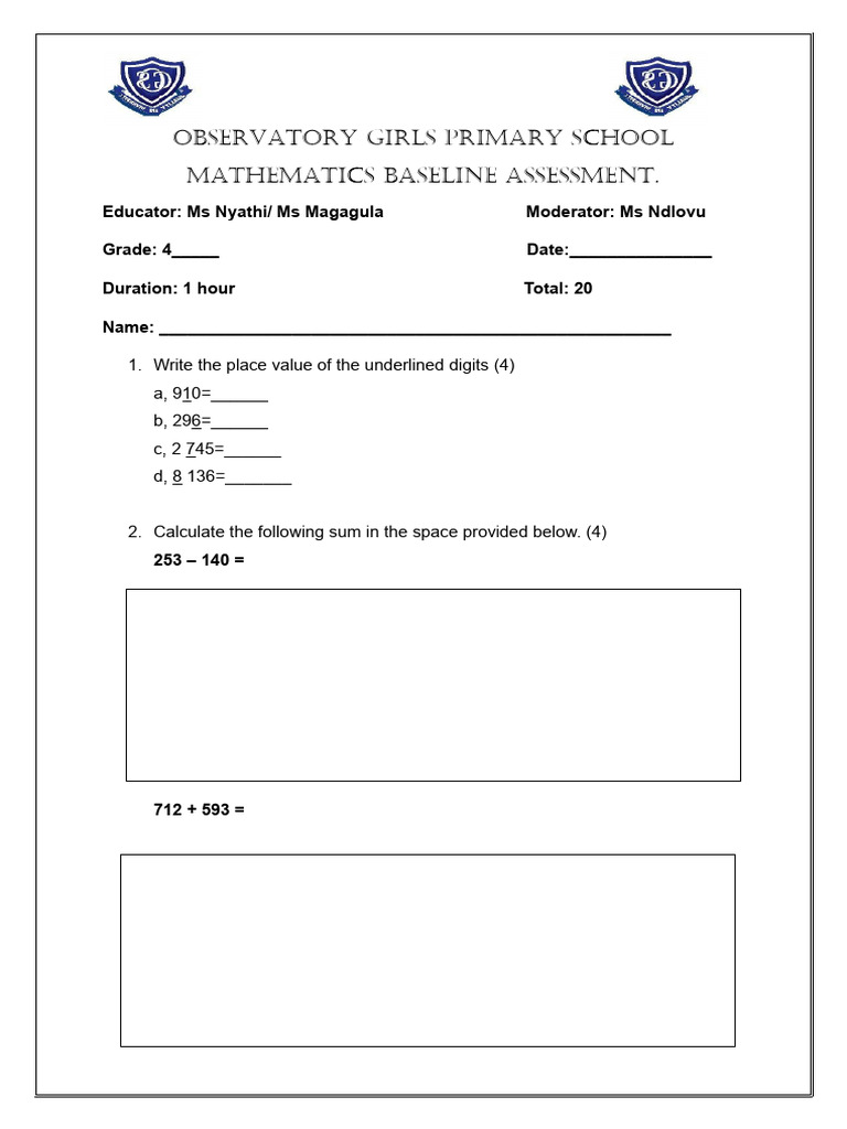 Grade 4 Math Baseline Assessment | PDF