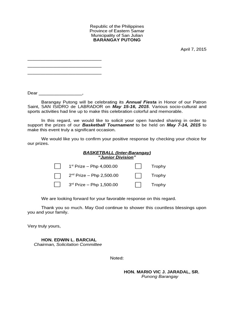Brgy. Putong-Solicitation Fiesta 2015 Activities-1 | PDF