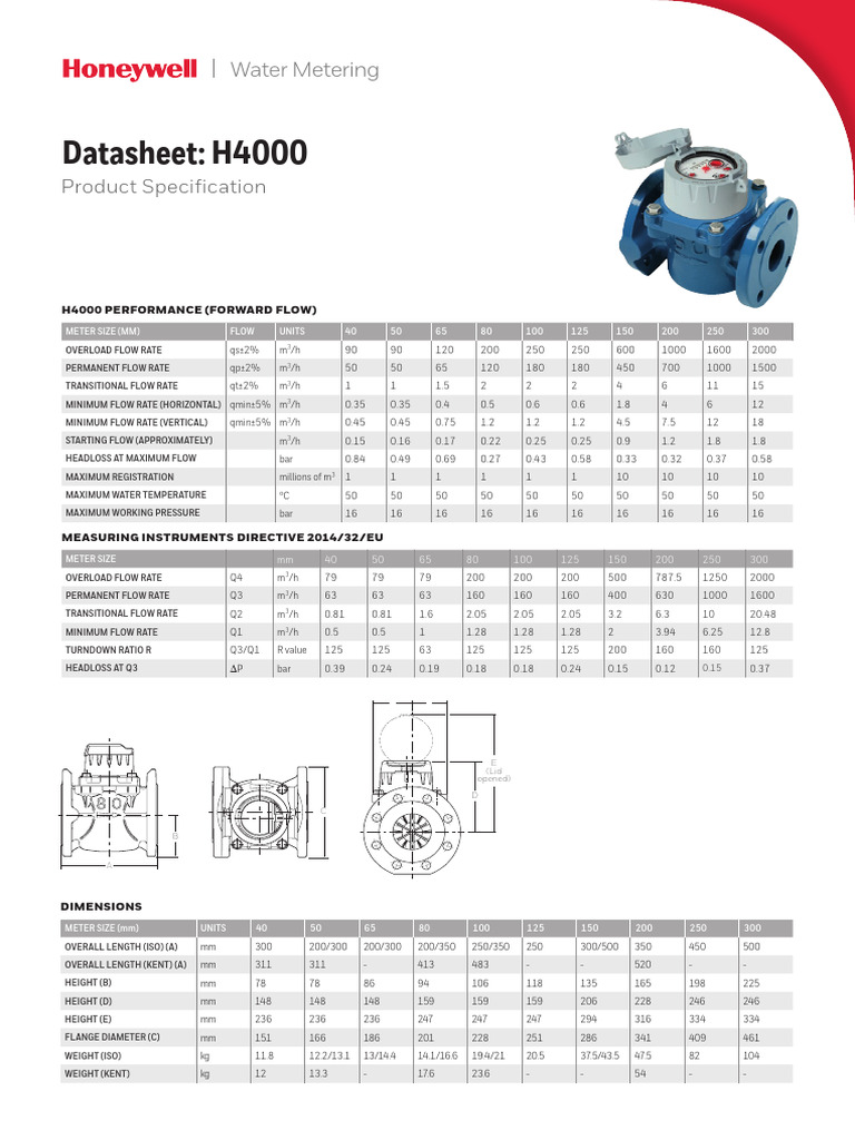 H4000 Water Meter Specifications Guide | PDF | Flow Measurement