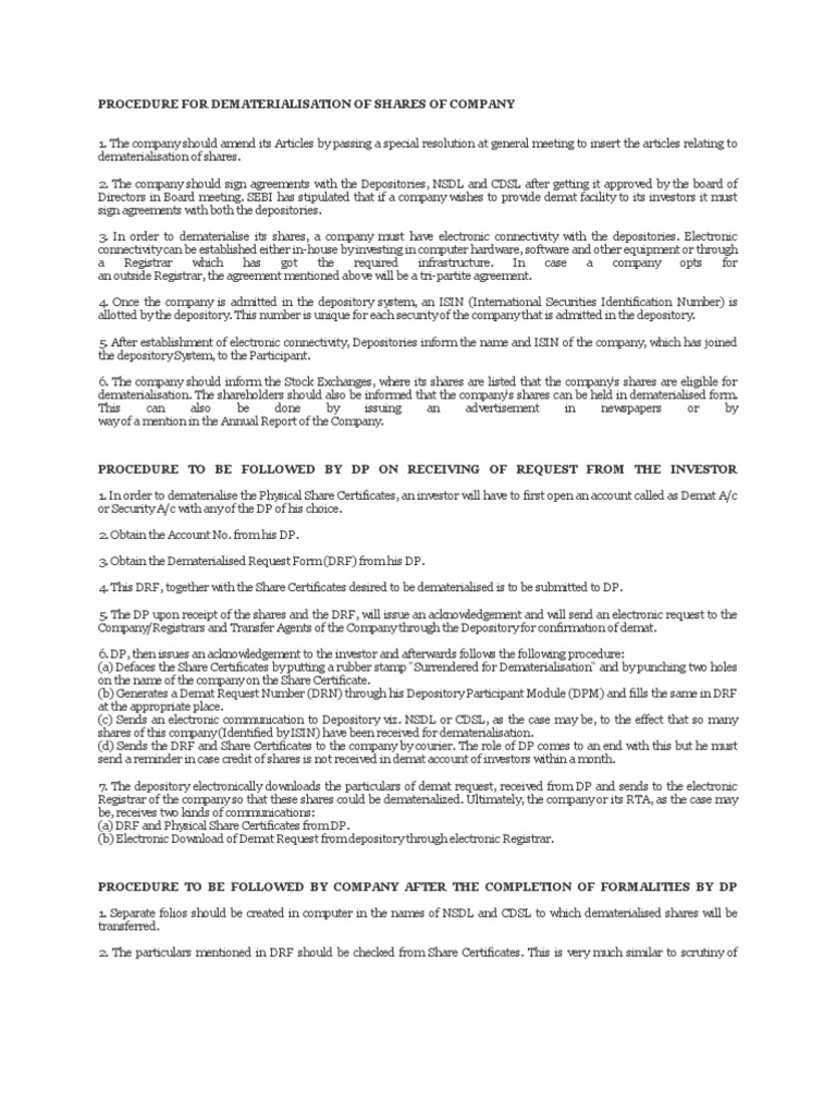 Dematerialisation Procedure for Shares | PDF | Equity Securities ...