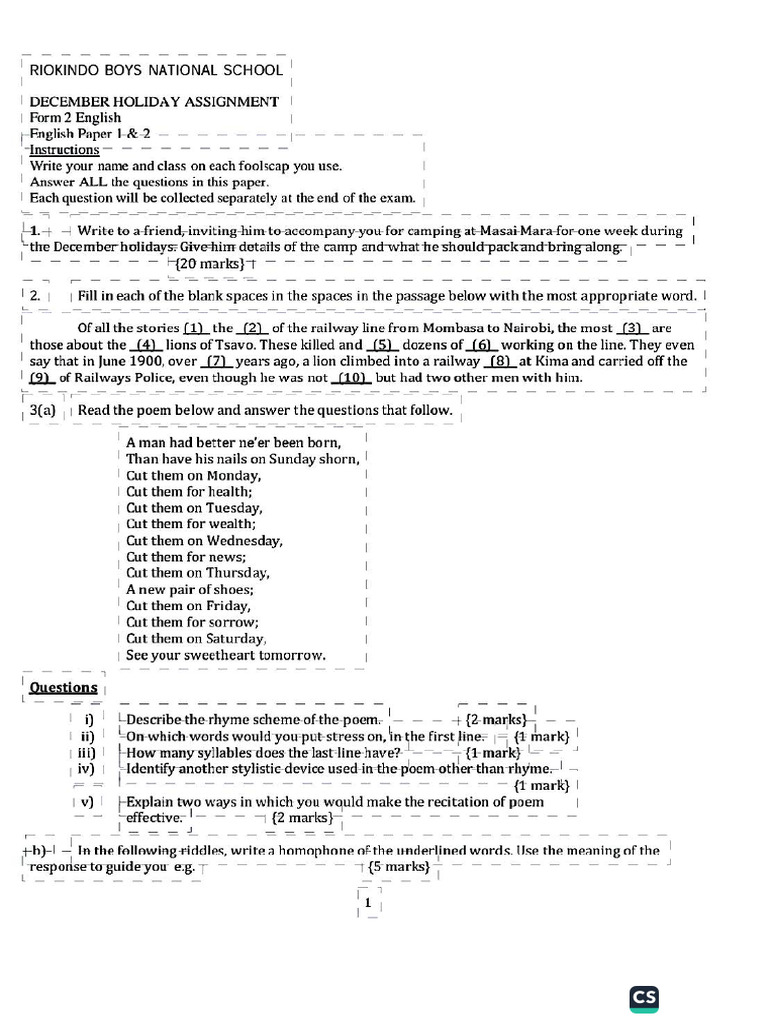English Form 2 Dec Holiday Assignment | PDF