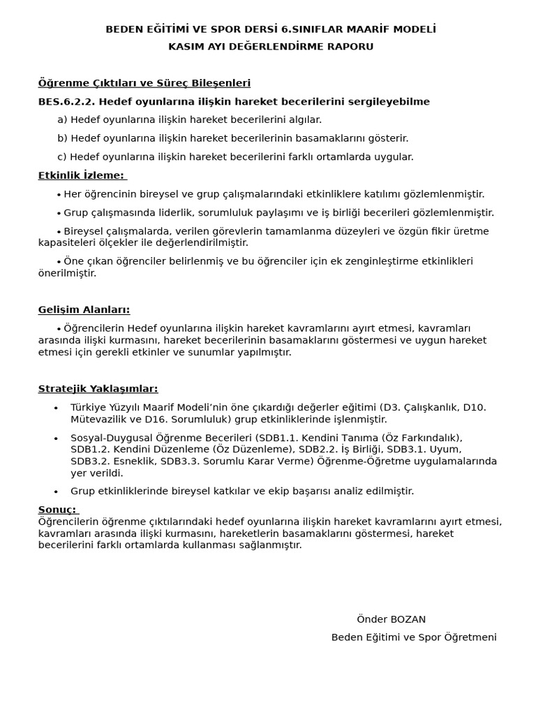 Sinif Maarif Modeli Kasim Aylik Degerlendirme Raporu Kerem Balyemez | PDF
