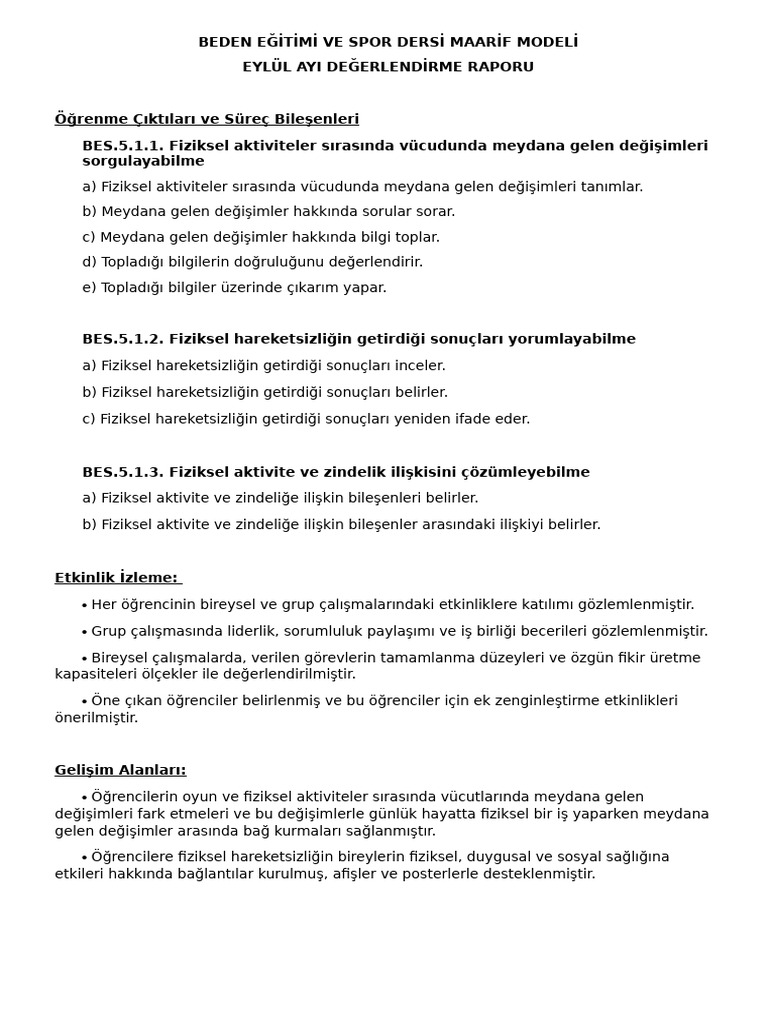Maarif Modeli Aylik Degerlendirme Raporu Kerem Balyemez | PDF