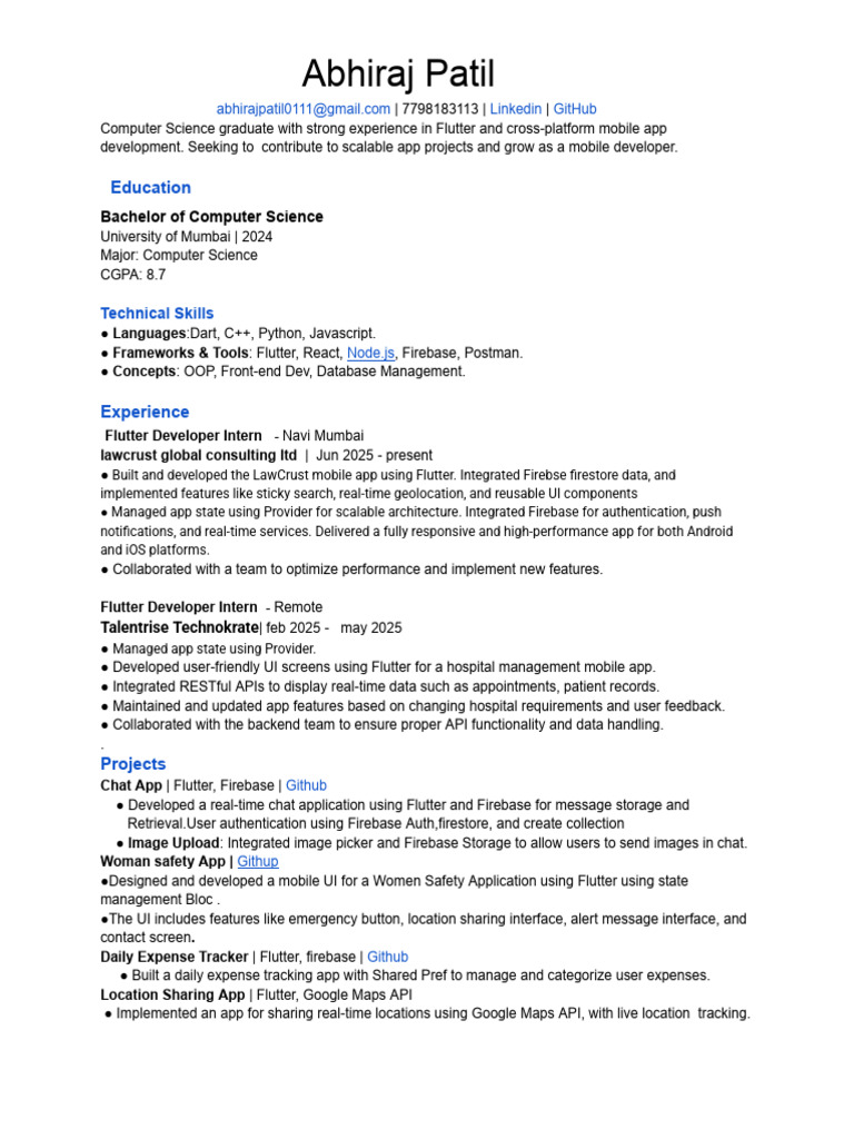 Flutter Developer Resume and Projects | PDF | Mobile App | Information ...