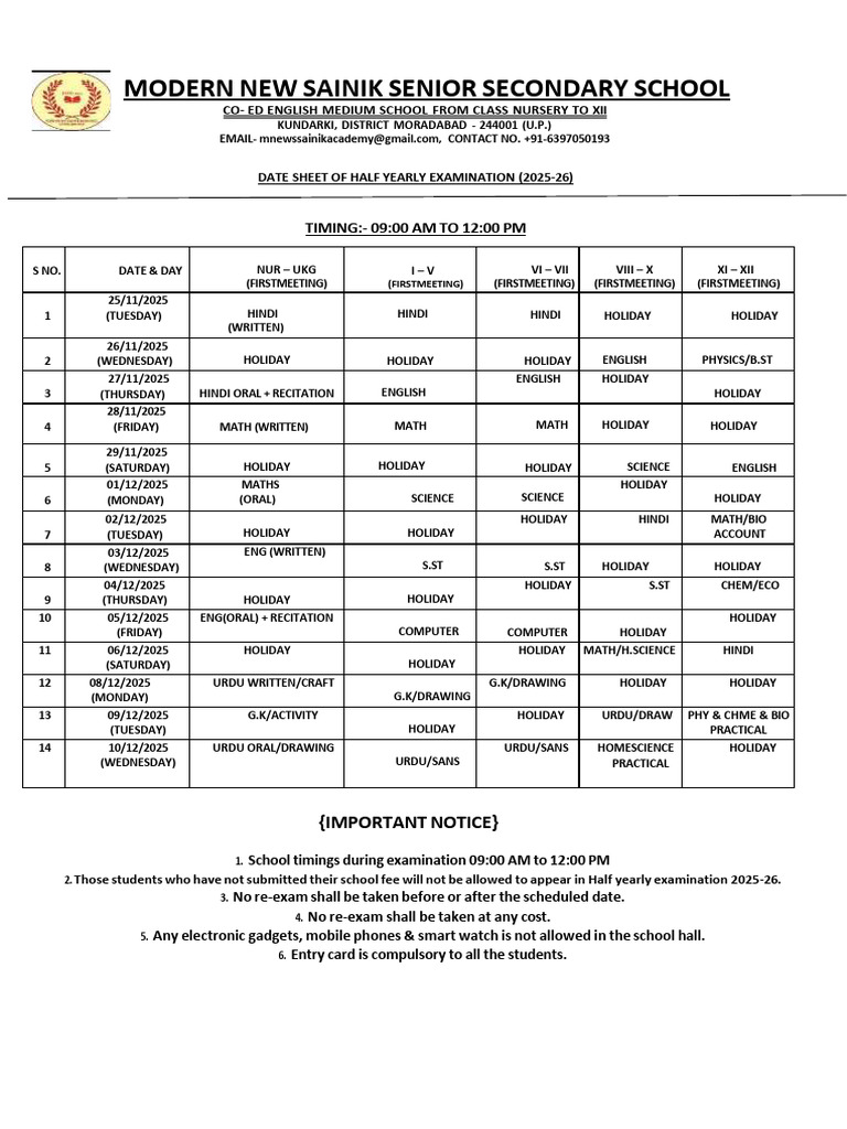 HALF YEARLY EXAM 2025- 26 | PDF