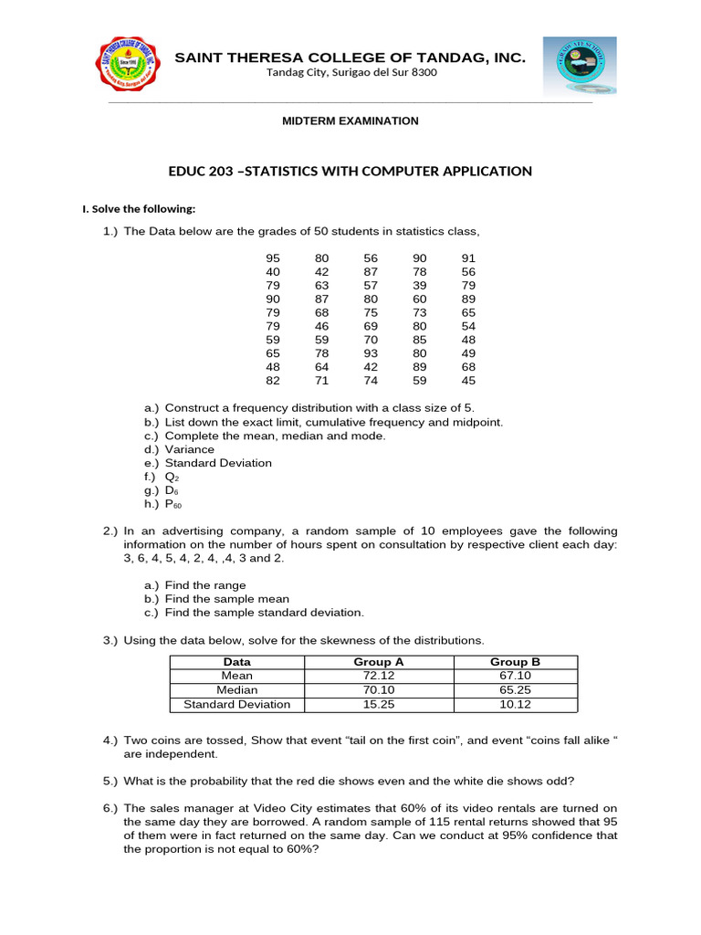 Educ 203 Statistics With Computer Application | PDF | Median | Mode ...