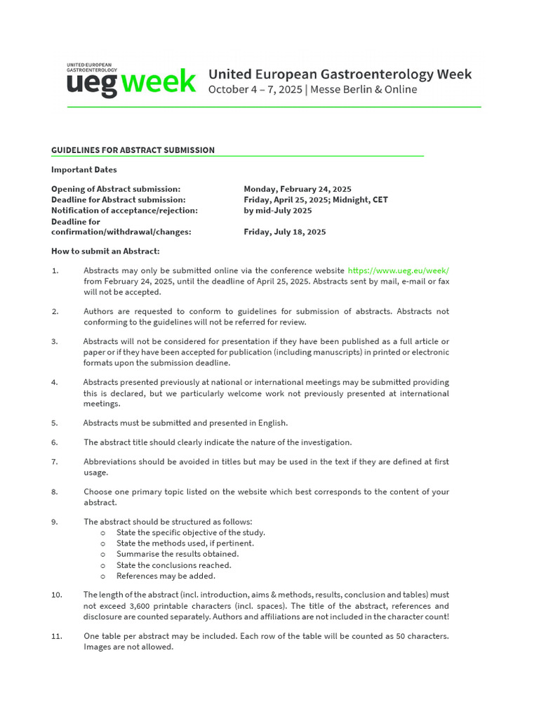 UEG Week 2025 Abstract Submission Guide | PDF | Abstract (Summary)