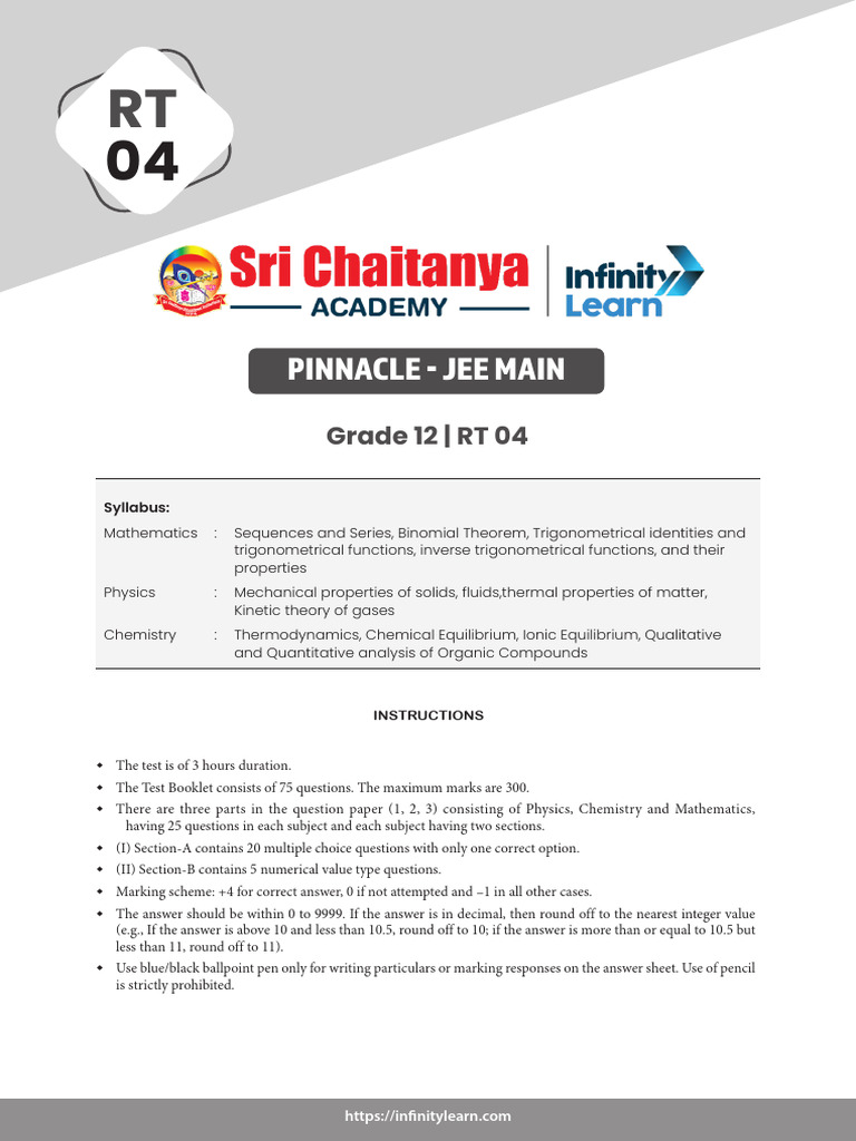 JEE Main Grade 12 Test Syllabus & Format | PDF | Chemistry | Mathematics
