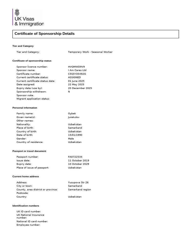 example cos | PDF | Migrant Worker | Identity Document