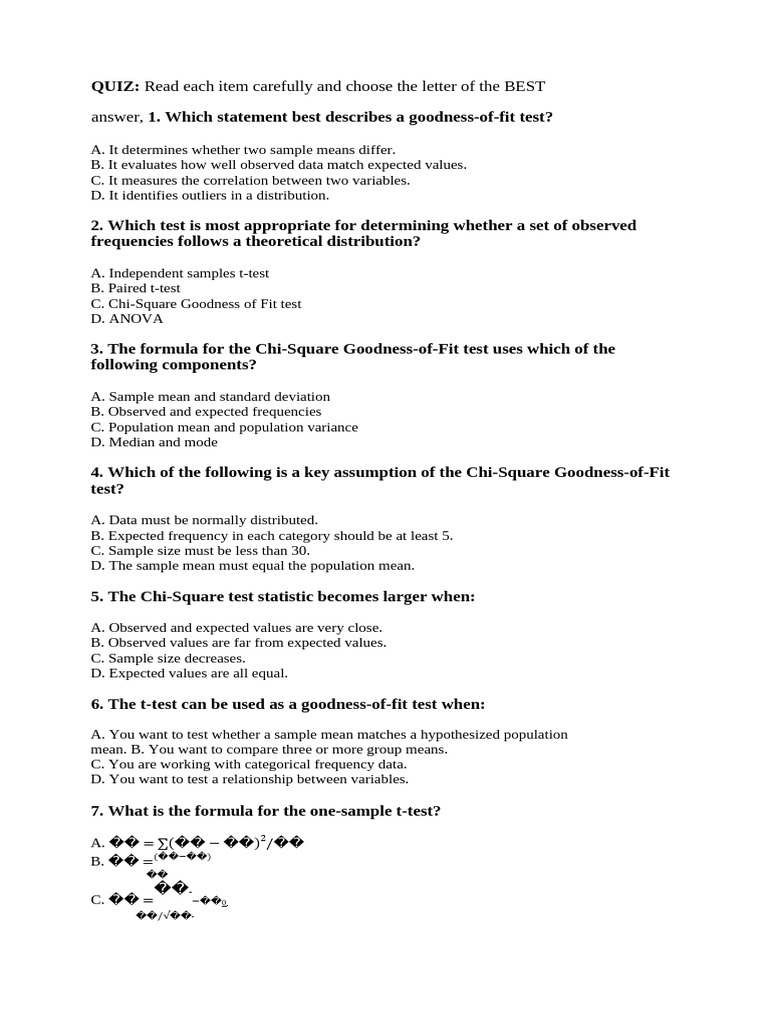 Quiz - Goodness of Fit Test | PDF | Student's T Test | Chi Squared Test