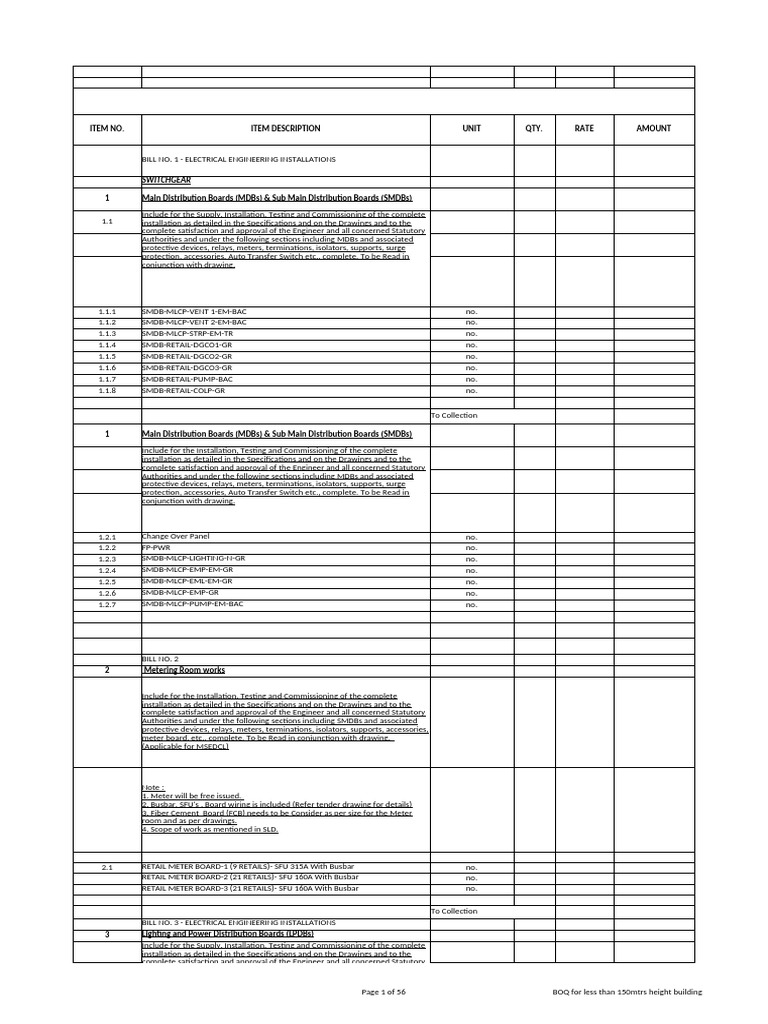 BOQ for Electrical Installations in Buildings | PDF | Electrical Wiring ...