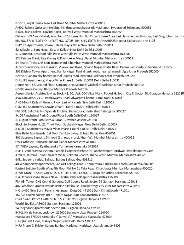 Comprehensive List of Indian Addresses | PDF | Delhi | Mumbai