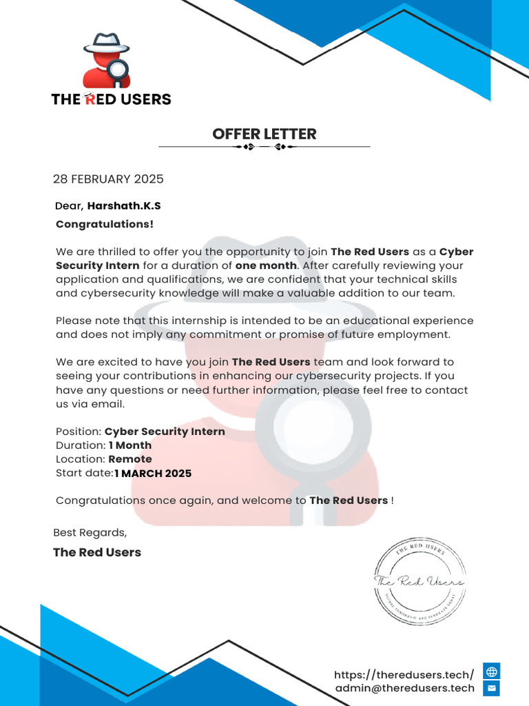 Cyber Security Internship Offer Letter | PDF