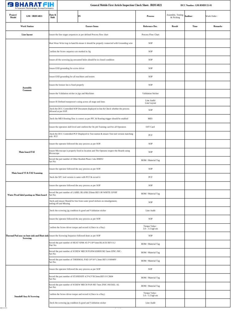 First Article Inspection Checklist | PDF