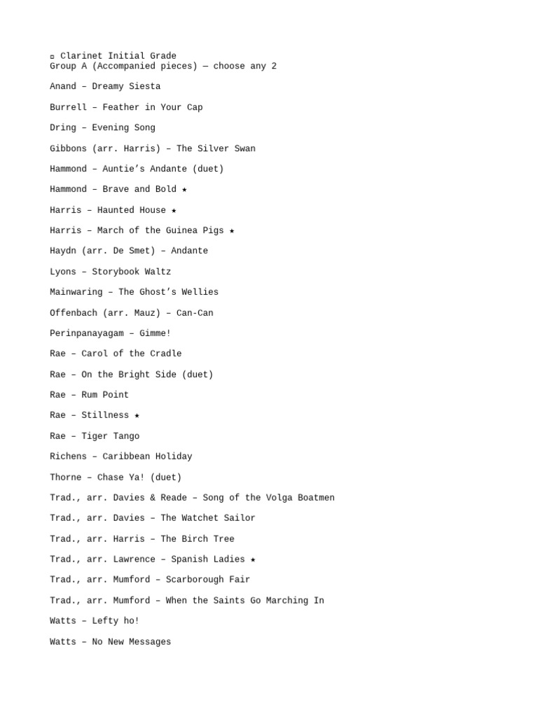 Clarinet Initial Grade Piece List | PDF