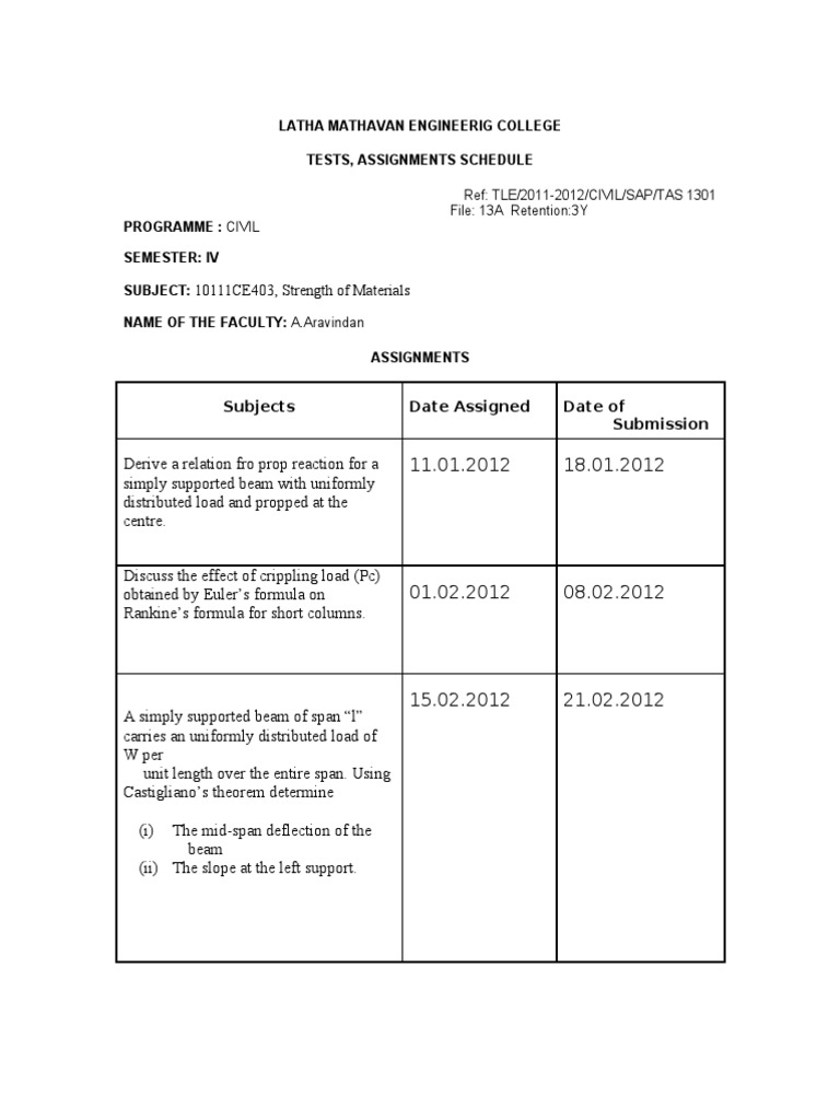 Civil and CSE Assignment Schedule | PDF