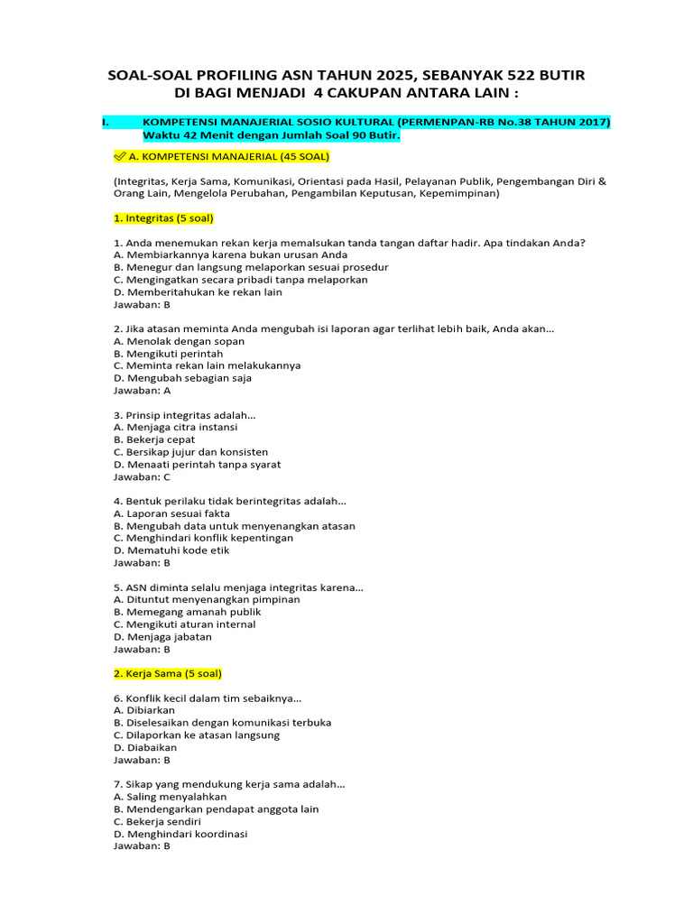 Profiling ASN 2025: 522 Soal Kompetensi | PDF