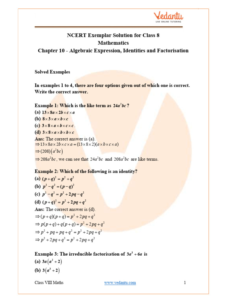 Class 8 Algebraic Expressions Guide | PDF | Factorization | Length