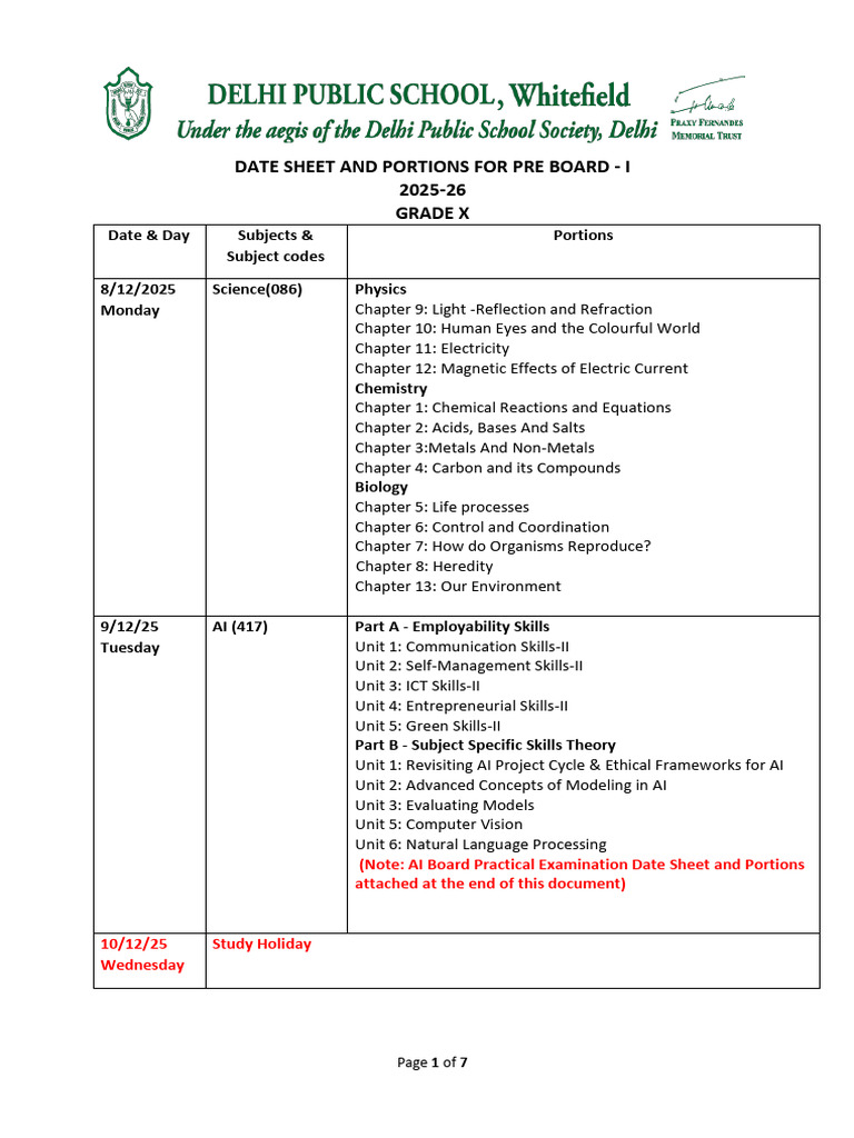 Grade X Pre Board I Date Sheet 2025-26 | PDF | Syntax | Grammar