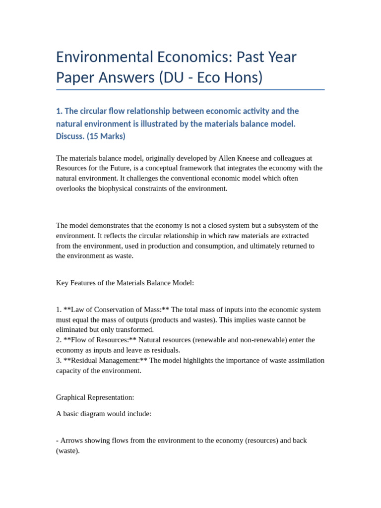 Materials Balance Model in Environmental Economics | PDF