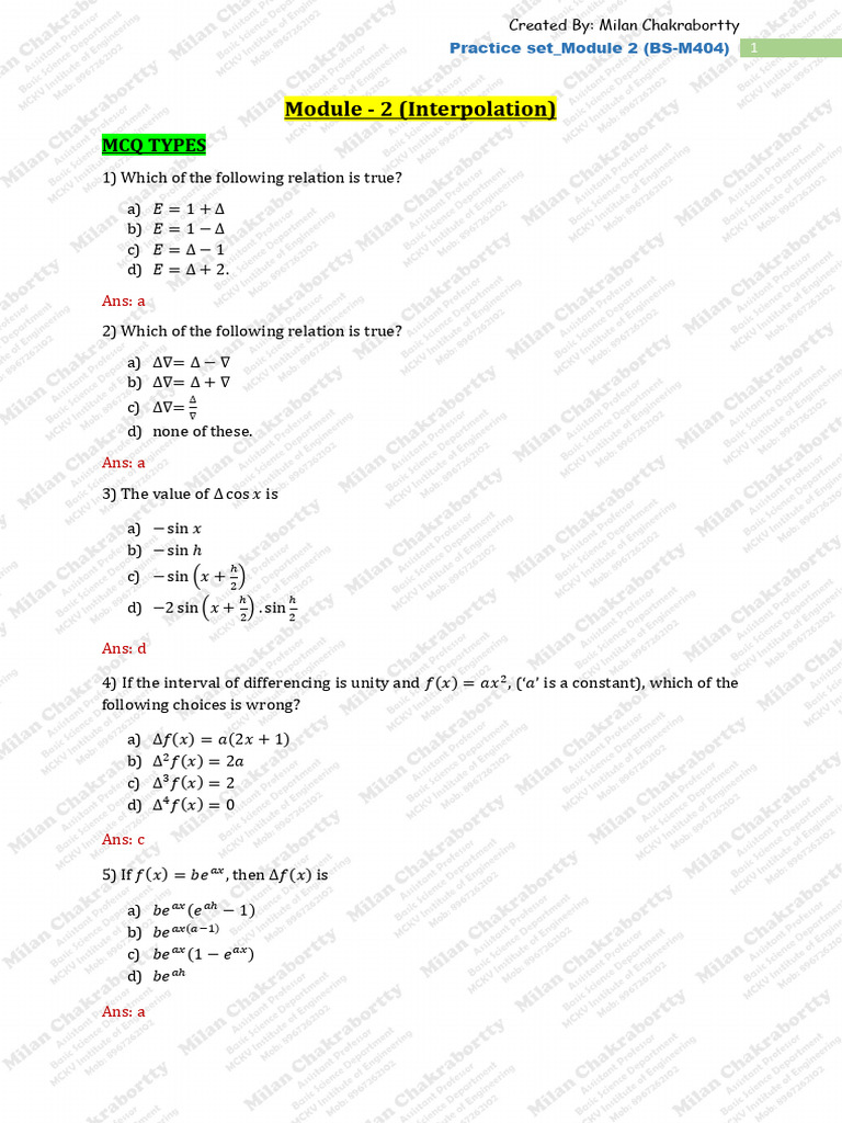 Interpolation Practice Set for BS-M404 | PDF | Finite Difference ...