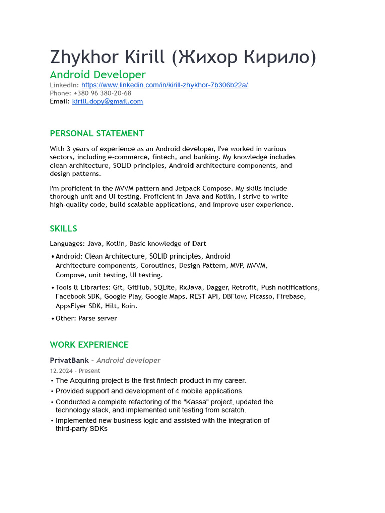 Android Developer Kirill Zhykhor Profile | PDF | Android (Operating ...