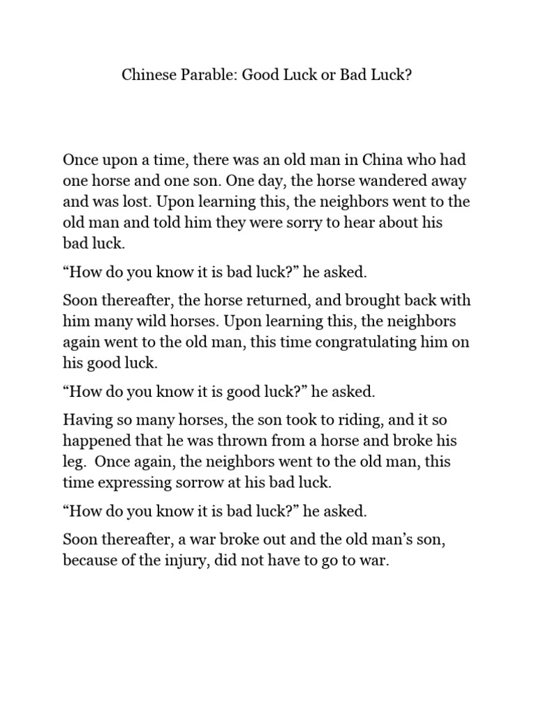 Chinese Parable Good Luck or Bad Luck | PDF