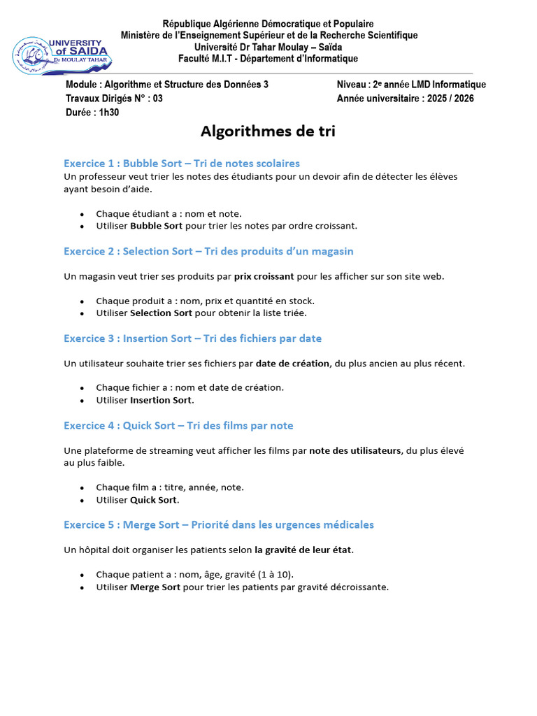 Exercices de tri en algorithmes | PDF | Informatique | Programmation ...
