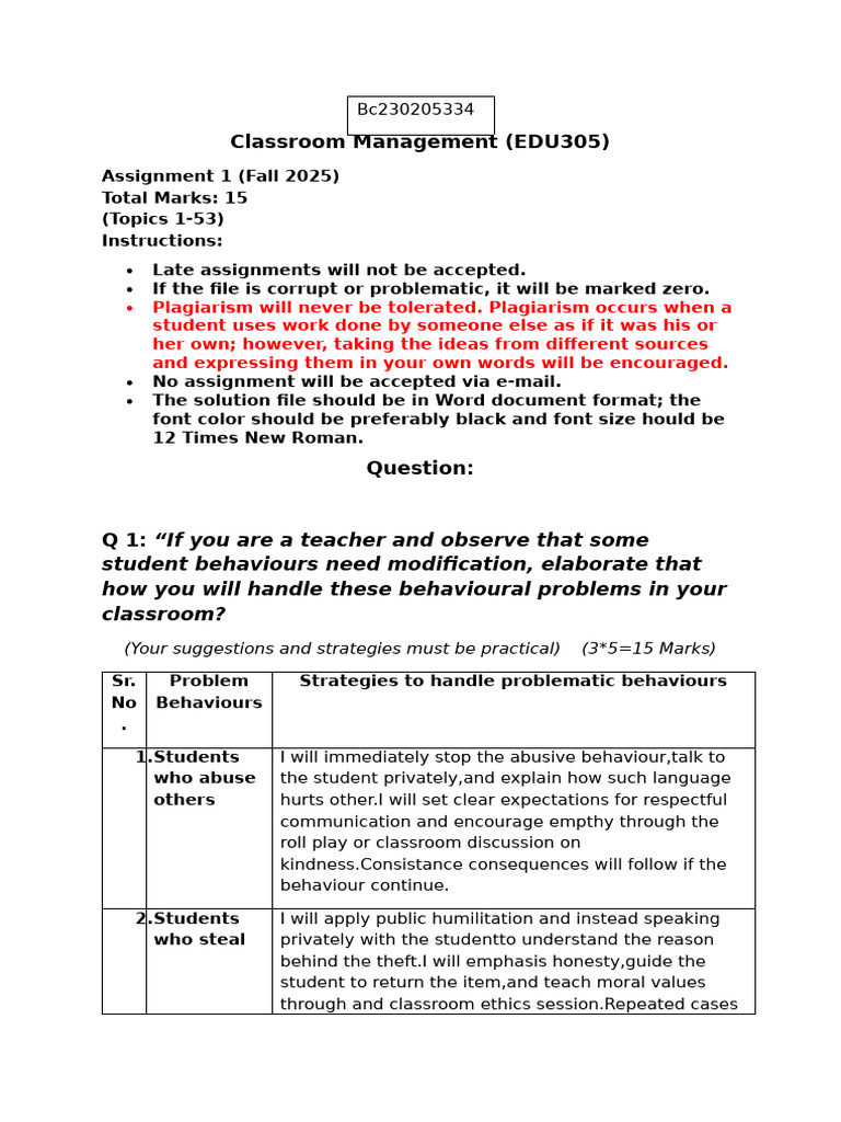 Classroom Management Strategies for Teachers | PDF | Classroom ...