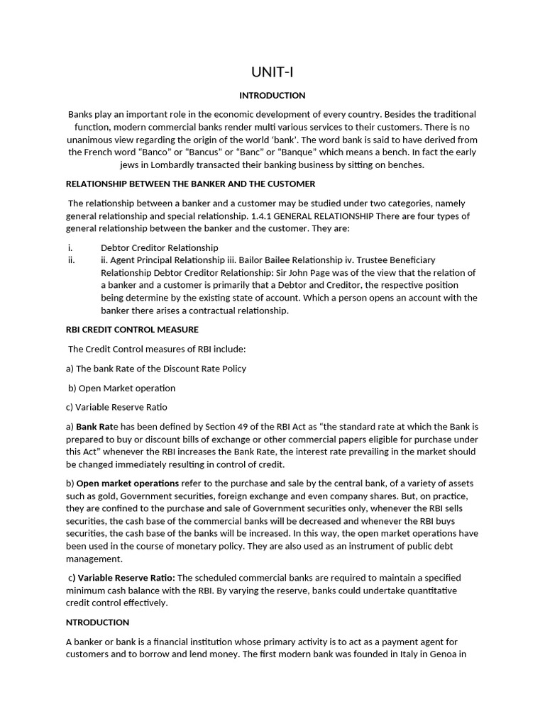 Banking Unit I Notes | PDF | Banks | Personal Finance