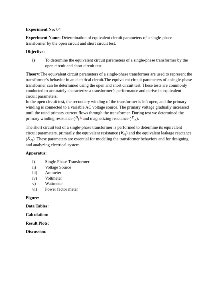 Transformer Equivalent Circuit Parameters Test | PDF