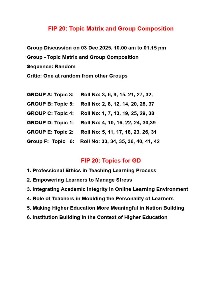 FIP 20 Group Discussion Topic Matrix | PDF