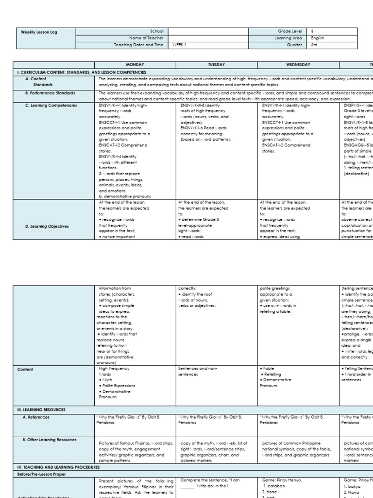 Grade 3 English Weekly Lesson Plan | PDF | Word | Noun