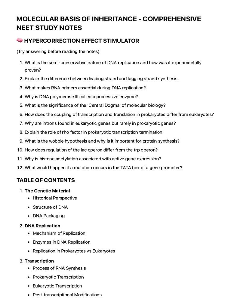 NEET Study Notes: Molecular Inheritance | PDF | Dna Replication | Operon