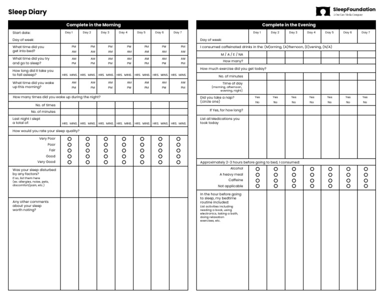 Weekly Sleep Diary Template | PDF | Sleep | Physiology