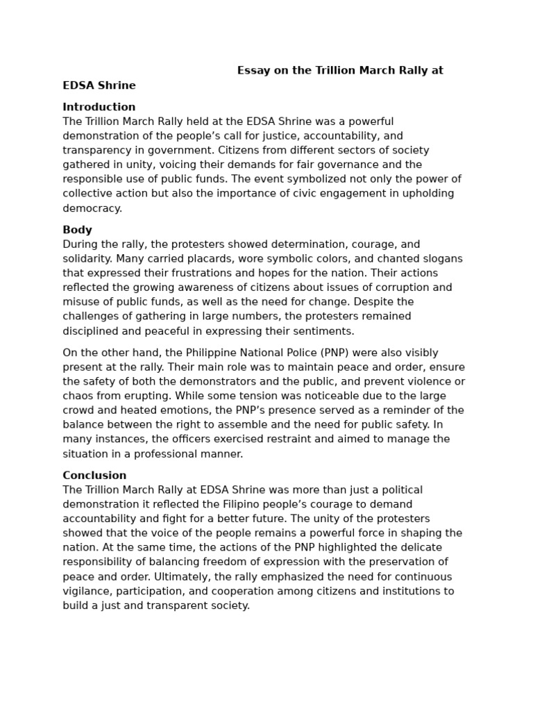 Essay On The Trillion March Rally at EDSA Shrine, Gepiala Ava G. | PDF ...