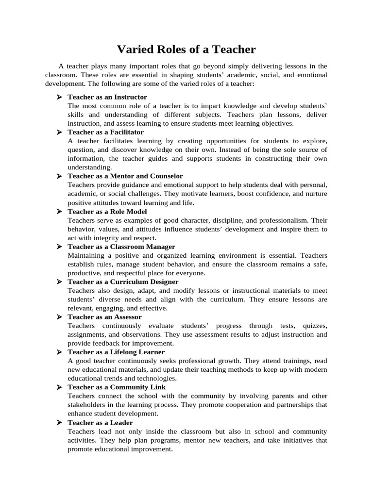 Essential Teacher Roles and Qualities | PDF | Teachers | Learning