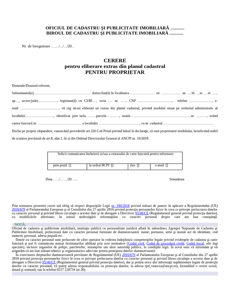 Cerere Pentru Eliberare Extras Din Planul Cadastral Proprietar | PDF