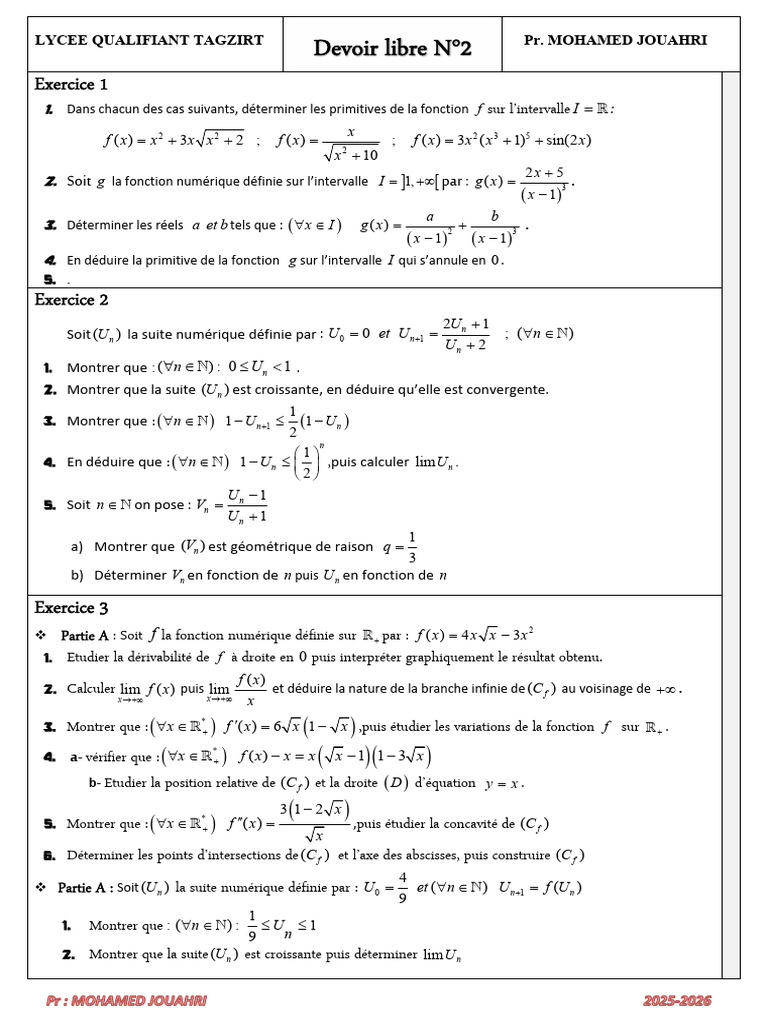 Devoir de mathématiques : primitives et suites | PDF | Fonction ...
