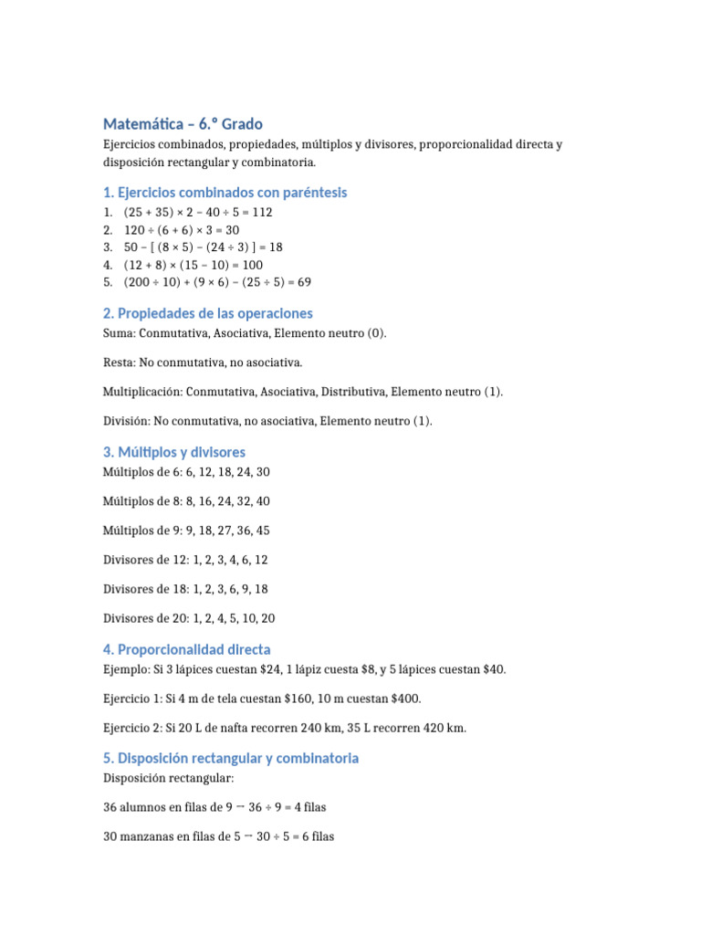 Matematica 6to Grado Ejercicios Completos | PDF
