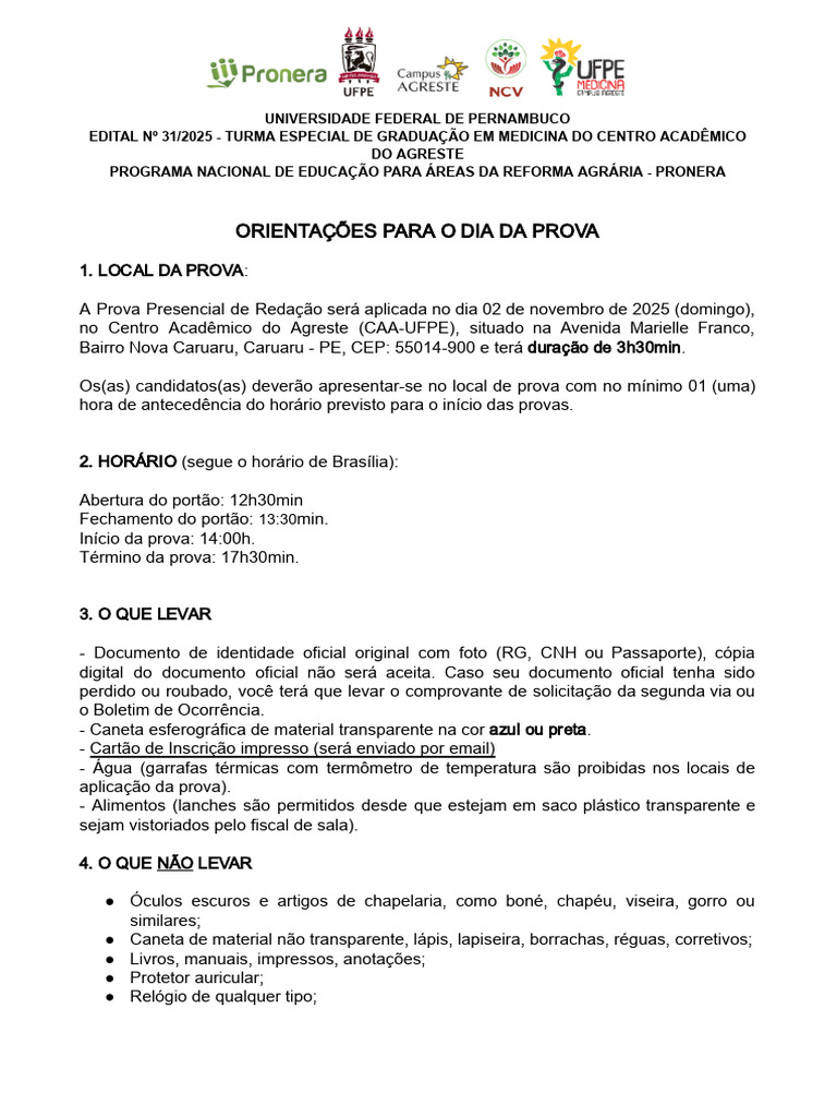 Orientações para o dia da Prova | PDF
